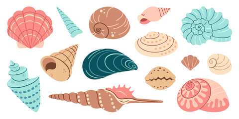 Sea shell cartoon set. Ocean exotic underwater seashell conch aquatic mollusk, sea spiral snail collection. Tropical beach shells. Modern flat style isolated on white background. Vector illustration 