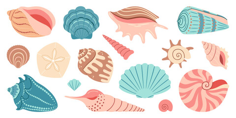 Sea shell cartoon set. Ocean exotic underwater seashell conch aquatic mollusk, sea spiral snail collection. Tropical beach shells. Modern flat style isolated on white background. Vector illustration  - obrazy, fototapety, plakaty