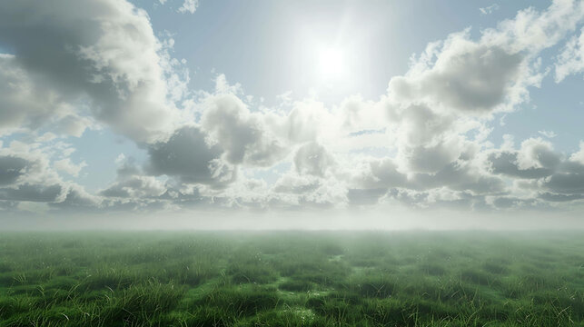 The image is a beautiful landscape with a green field and a cloudy sky. The sun is shining brightly and there are white clouds dotting the sky.