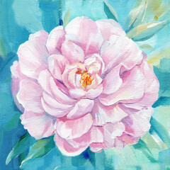 Pink peony painted on canvas with oil, acrylic painting. impressionism paint blooming flower meadow. Blue background