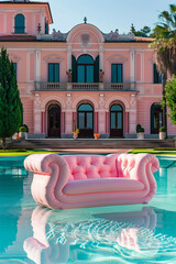 Obraz na płótnie Canvas Inflatable pastel pink sofa in the style of rococo floating in the luxury swimming pool on the background of rich rococo manor estate, summer vacation