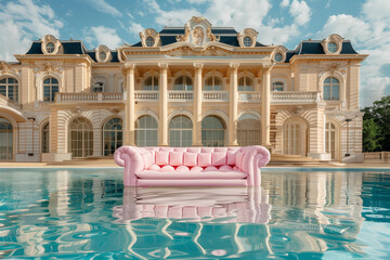 Inflatable pastel pink sofa in the style of rococo floating in the luxury swimming pool on the background of rich rococo manor  estate, summer vacation