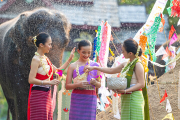 Songkran festival. Northern Thai people in Traditional clothes dressing splashing water together in Songkran day cultural festival with elephant background. - obrazy, fototapety, plakaty