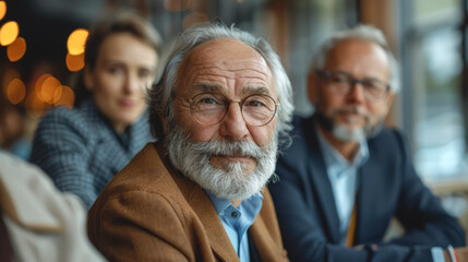 Portrait of an elderly bearded man in a business meeting.