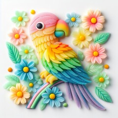 Fototapeta premium a parrot and flowers made of pastel color rainbow gummy candy on a white background