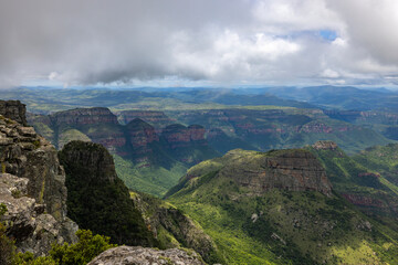 Fototapeta na wymiar Clouds above Three Rondavels and Blyde River Canyon