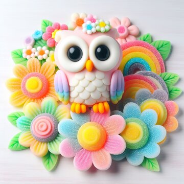 an owl and flowers made of pastel color rainbow gummy candy on a white background