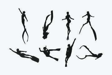 Fototapeta premium Vector set silhouette of Snorkeling, free diving. Swimming, extreme sport concept. Isolated background. Vector illustration.