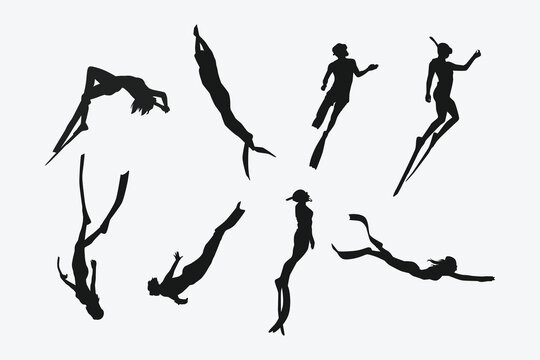 Vector set silhouette of Snorkeling, free diving. Swimming, extreme sport concept. Isolated background. Vector illustration.