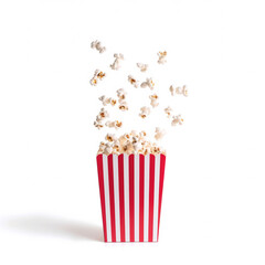 Popcorn flying out of red white striped paper box isolated on white background. Splash, levitation of popcorn grains.