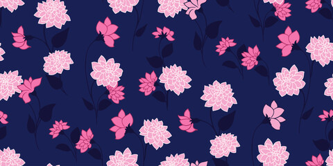 Creative branches with ditsy flowers, buds and leaves seamless pattern. Vector hand drawn sketch. Cute abstract pink floral printing on a dark blue background. Template for designs, fabric, textile