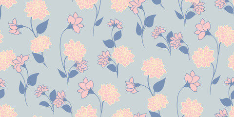 Abstract artistic tiny branches with ditsy flowers, buds and leaves seamless pattern. Vector hand drawn. Pastel blue printing with wild floral stems. Template for designs, fabric, children textile
