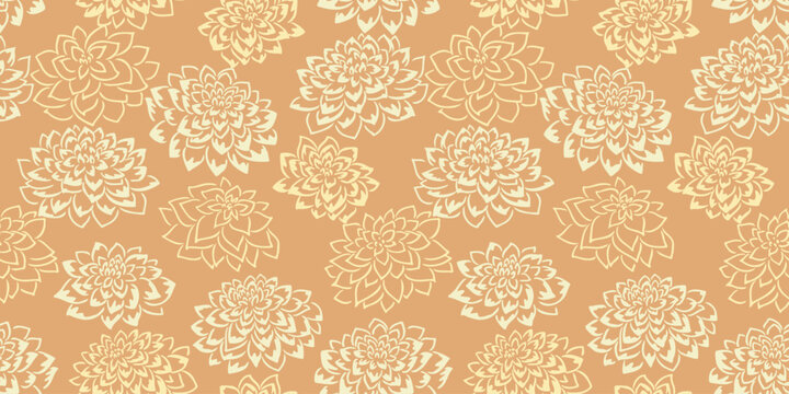 Gold simple seamless pattern with abstract flowers Vector hand drawn sketch. Creative shapes floral texture printing. Template for designs, textile, fashion, surface design, fabric
