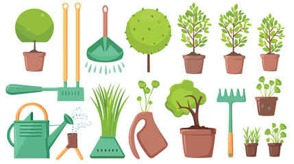 Cartoon garden tools tree and watering flat vector isolated