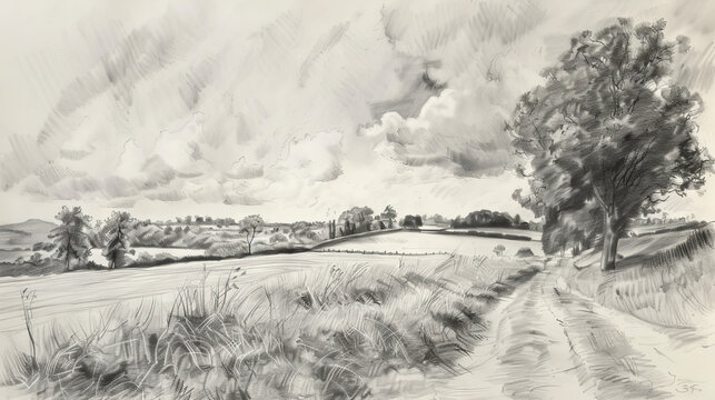 Pencil drawing of the english countryside
