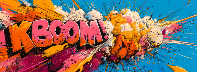 Colorful KABOOM! comic book explosion bubble with sound effect, dynamic lines, and burst elements, representing action, excitement, and graphic novel style