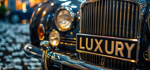 Close-up of a high-end car grille with LUXURY license plate, showcasing opulence, elegance, and the lavish lifestyle associated with premium automobiles