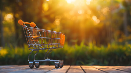 A closeup shot of an empty orange shopping cart sits on a wooden table outdoors.