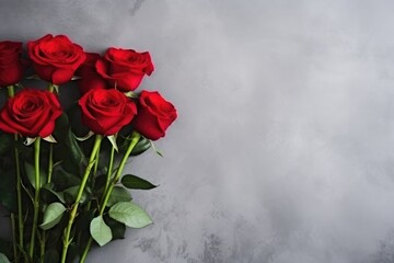Fresh red roses lying on a grey textured background, symbolizing love and elegance. Bouquet of Red Roses on a Textured Background