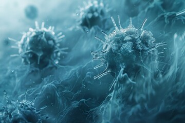 Virus cells close-up. Microscopic view of virus cells. 3D rendering
