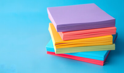 Brightly colored note pads stacked on a blue background, Generative AI