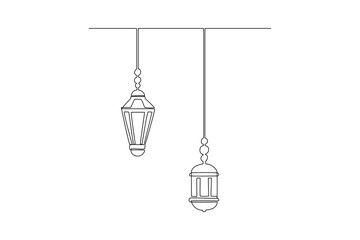 Ramadan Kareem greeting card, poster and banner design background. One continuous line drawing of Islamic ornament lantern lamp hanging on moon at cloudy sky. Single line draw vector illustration