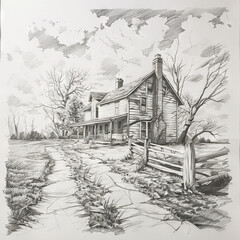 Pencil drawing of a haunted house 