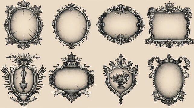 A set of colorful designs in European classic style on an isolated beige background . Illustration