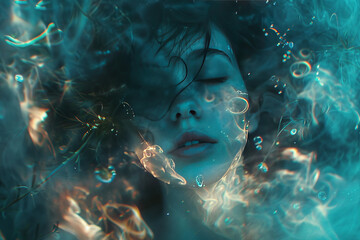 close up horizontal portrait of a young female lady underwater, providing a context of anxiety and depression - obrazy, fototapety, plakaty