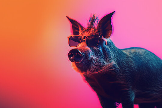 horizontal image of a funny wild pig wearing sunglasses in a fluorescent shiny pink background