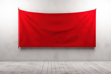 Obraz premium horizontal image of a blank red banner hanging on a white wall, mockup space