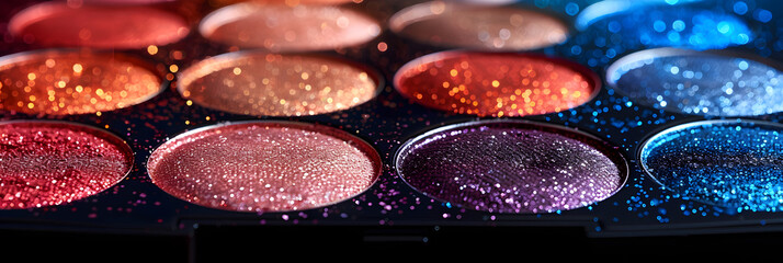 llustration of cosmetic palette with glitter glow,
Colorful eyeshadows in rows on black background
 - obrazy, fototapety, plakaty