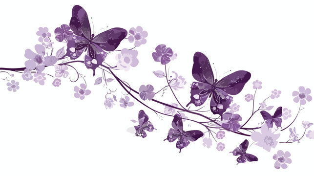 Purple and white butterflies and flowers flat vector