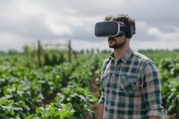 Farmer wearing VR headset for controlling process in cultivation. Modern and smart agriculture concept. Generative AI