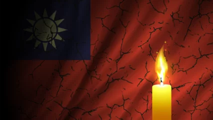 Foto op Canvas Vector banner. Wavy flag of Taiwan with cracks and a mournful burning candle. Earthquake or conflict. © GAlexS