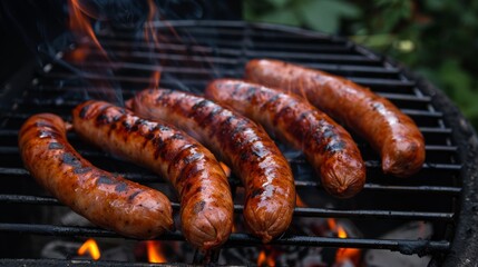 Grilled sausages on a barbecue grill in the garden.