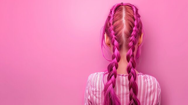 girl with two pink french braids, fashionable hairdo for youth, on pink background. Generative AI