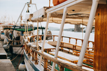 Fishing boats on a pier in Trogir old town, Croatia.Sunny summer day.