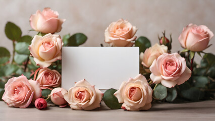 Obraz na płótnie Canvas Beautiful flowers composition. Photo Frame, pink rose flowers on pastel pink background. Valentines Day, Easter, Birthday, generative by ai,..