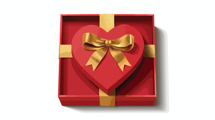 Red box with heart shaped gold ribbon flat vector isolated