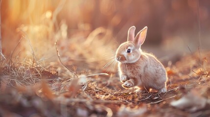 Fototapeta premium Cute little bunny in the forest on sunny autumn day. Selective focus.