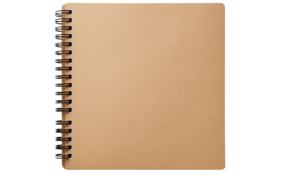 A brown spiral notebook rests on a table, its cover weathered yet inviting