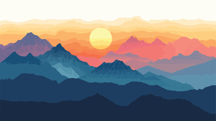 Render of mountains against a sunset sky flat vector