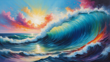 Oceanic Reverie, Colorful Sky and Wave Abstraction in Oil Painting.