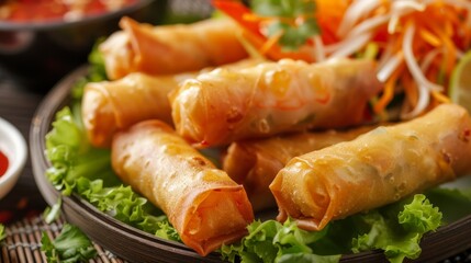 Fried spring rolls with vegetables and sauce on table, closeup