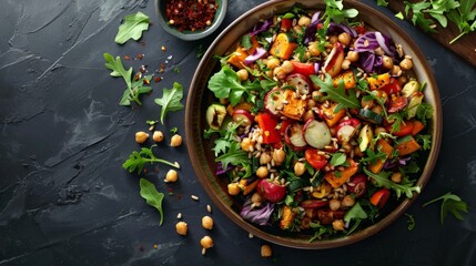 Healthy vegetarian salad with chickpeas, tomatoes, cucumbers, red onion, peppers and arugula on black background. Top view
