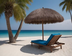 On the sand lounger under an umbrella , against the the azure blue sea, surrounded by palm trees