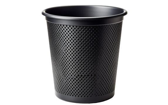 A black trash can stands boldly against a stark white background, exuding a sense of simplicity and elegance