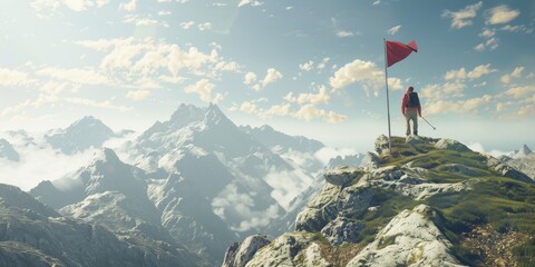 man with a flag on top of a mountain Generative AI - obrazy, fototapety, plakaty