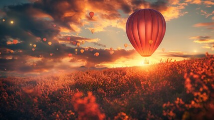 A red balloon flying at sunset over a beautiful flower field. Beautiful background for dreams, fantastic landscape